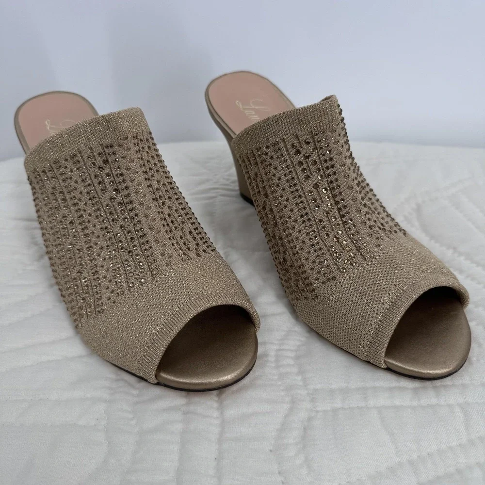 Lauren Lorraine Womens Martha Wedge 8.5 Gold Rhinestone Peep Toe Mule Glam Chic